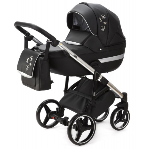 Детская коляска Adamex Cortina Deluxe 2 в 1 CT334/A (ЧЕРН.КОЖА+СЕРЕБ.ОТДЕЛКА+ХРОМ РАМА)