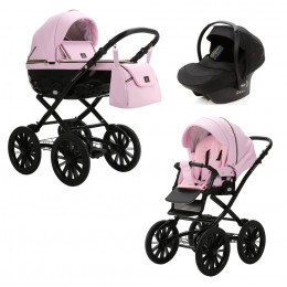 Детская коляска Adamex Chantal Retro Deluxe 3 в 1 C132B (РОЗОВ.ЗЕФИР 100% КОЖА-ЗОЛОТО.МОЛНИИ)
