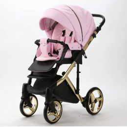 Детская коляска Adamex Chantal Special Edition Deluxe 3 в 1 C132-B (РОЗОВ.ЗЕФИР.КОЖА+ЧЕРН.РИФЛЕН.ДНО+ЗОЛОТ РАМА)