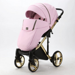 Детская коляска Adamex Chantal Special Edition Deluxe 3 в 1 C132-B (РОЗОВ.ЗЕФИР.КОЖА+ЧЕРН.РИФЛЕН.ДНО+ЗОЛОТ РАМА)