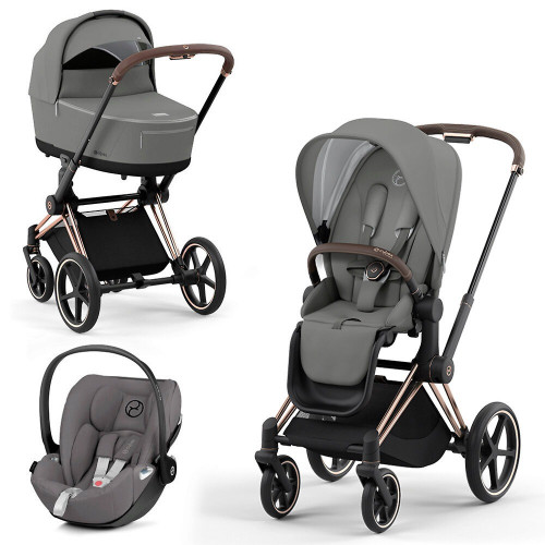 Коляска 3 в 1 Cybex Priam IV шасси Rose Gold + Автокресло Cybex Cloud Z2 i-Size, Soho Grey (Серый)