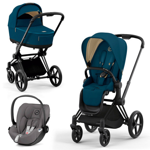 Коляска 3 в 1 Cybex Priam IV шасси Matt Black + Автокресло Cybex Cloud Z2 i-Size, Mountain Blue (Синий)