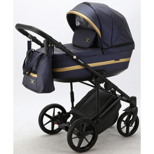 Детская коляска Adamex Rimini Deluxe 2 в 1 RI250 т.син.перл.кожа+золото.отделка