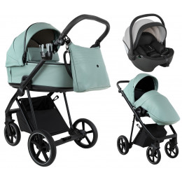 Детская коляска Roan Sol Vintage Leather 2.0 3 в 1 с автокреслом Pituso Baesa Pro Black,Beige Canopy SL/13/L Misti Mint/Grey/руч. Серый