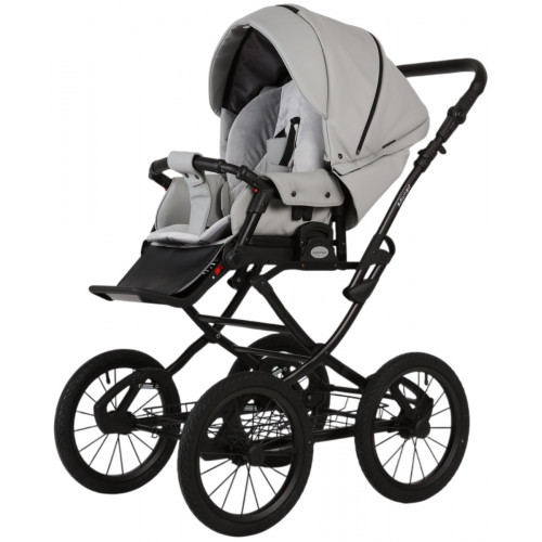 Детская коляска Adamex Porto Retro Deluxe 3 в 1 PO-SA03 BLACK (СВ. СЕРАЯ КОЖА)
