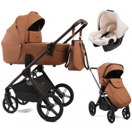 Детская коляска Peppy Monaco Thermo 3 в 1 с автокреслом Rise Milk Biscuit (бисквит), рама серо-коричневая