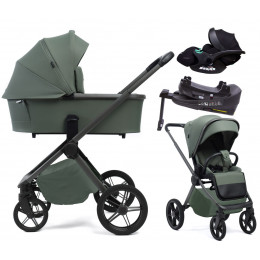 Детская коляска Peppy Monaco Plus 4 в 1 с автокреслом Verona Black и базой Oliva Green (зеленый), рама серая