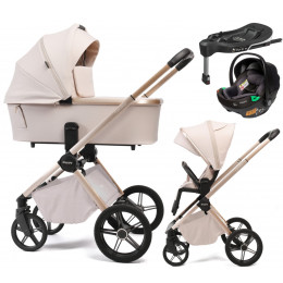 Детская коляска Peppy Monaco Plus 4 в 1 с автокреслом First Black и базой Beige (бежевый), рама беж, шлифованный алюминий