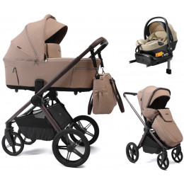 Детская коляска Peppy Soho 4 в 1 с автокреслом Welldon Crown 2 Beige и базой Sand (песочный) рама шоколад
