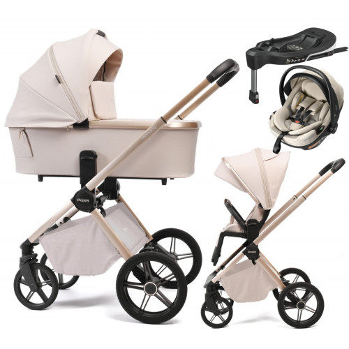 Детская коляска Peppy Monaco Plus 4 в 1 с автокреслом Welldon Crown 2 и базой Beige (бежевый), рама беж, шлифованный алюминий