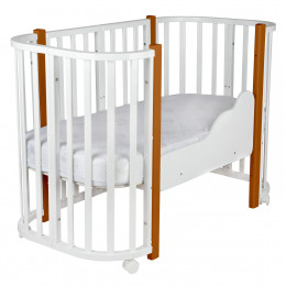 Кровать детская "Indigo "Baby Lux" 3 в 1 (кровать, манеж, диван) массив березы, МДФ (белый-натуральные стойки)