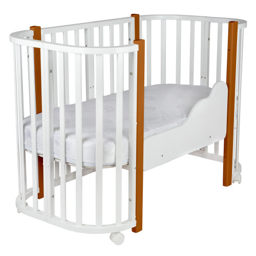 Кровать детская "Indigo "Baby Lux" 3 в 1 (кровать, манеж, диван) массив березы, МДФ (белый-натуральные стойки)
