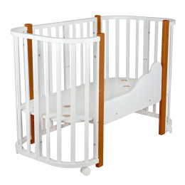 Кровать детская "Indigo "Baby Lux" 3 в 1 (кровать, манеж, диван) массив березы, МДФ (белый-натуральные стойки)