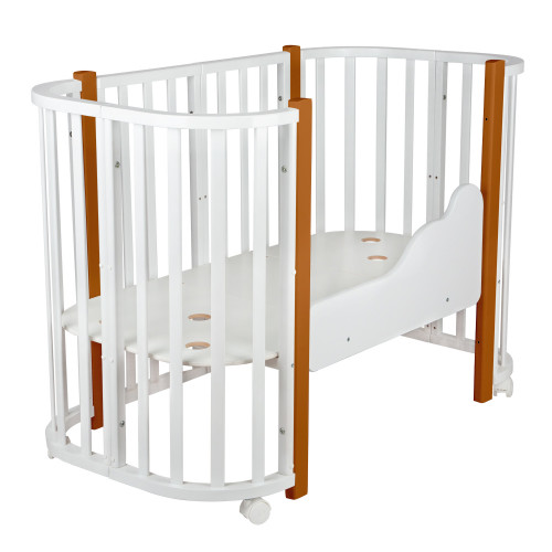 Кровать детская "Indigo "Baby Lux" 3 в 1 (кровать, манеж, диван) массив березы, МДФ (белый-натуральные стойки)