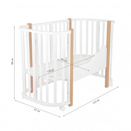 Кровать детская "Indigo "Baby Lux" 3 в 1 (кровать, манеж, диван) массив березы, МДФ (белый-натуральные стойки)