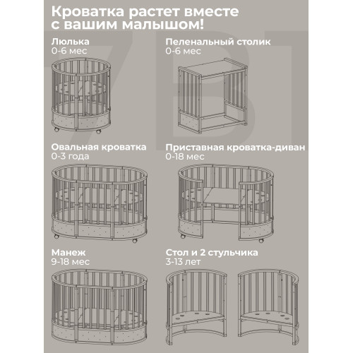 Кроватка-трансформер 7в1 Sweet Baby Brillantezza на колесах Белая/слоновая кость