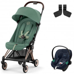 Коляска Cybex Coya Rosegold Frame Aton S2 i-Size Ocean Blue Leaf Green с дождевиком и бампером